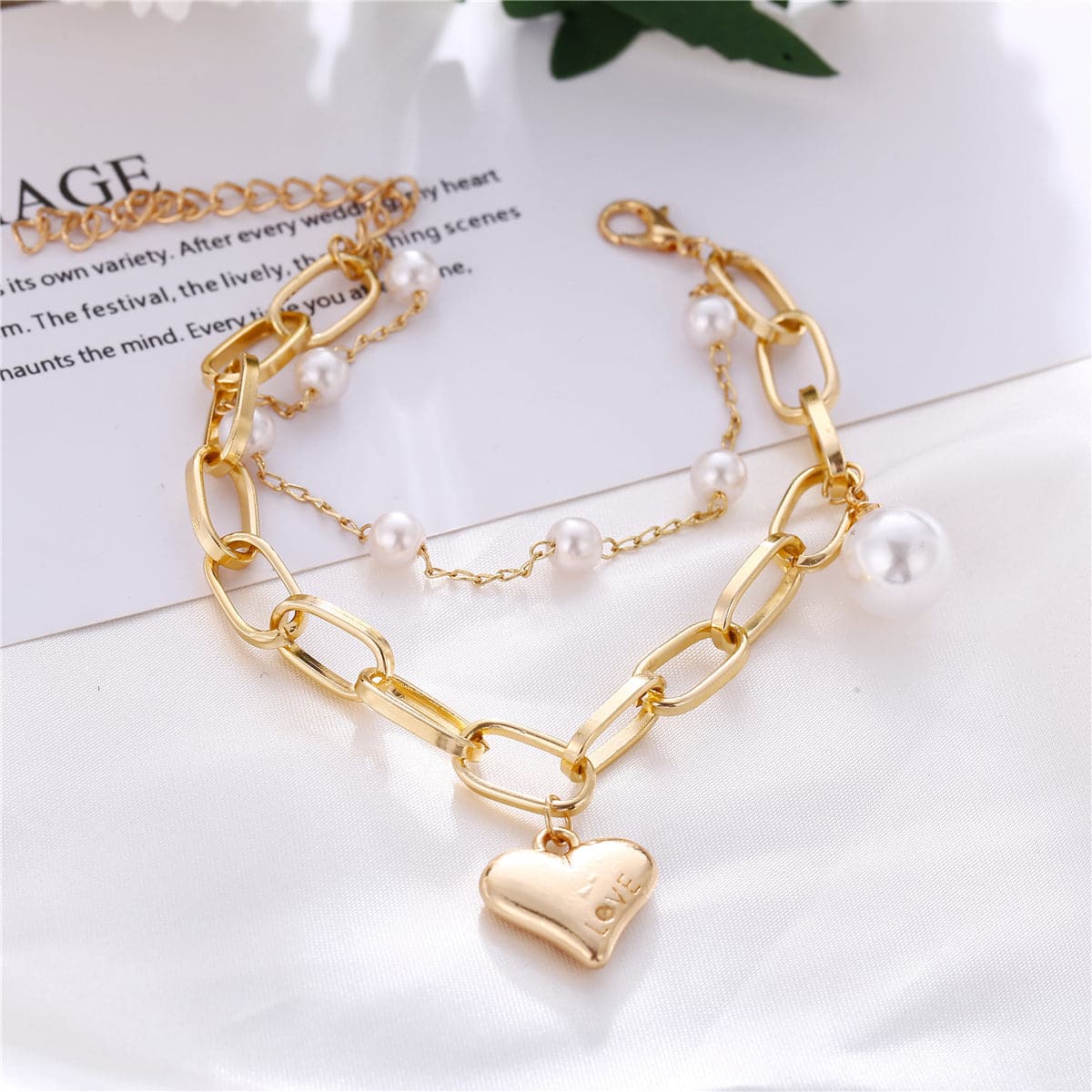 Pearl & 18K Gold-Plated Heart Charm Chain Bracelet