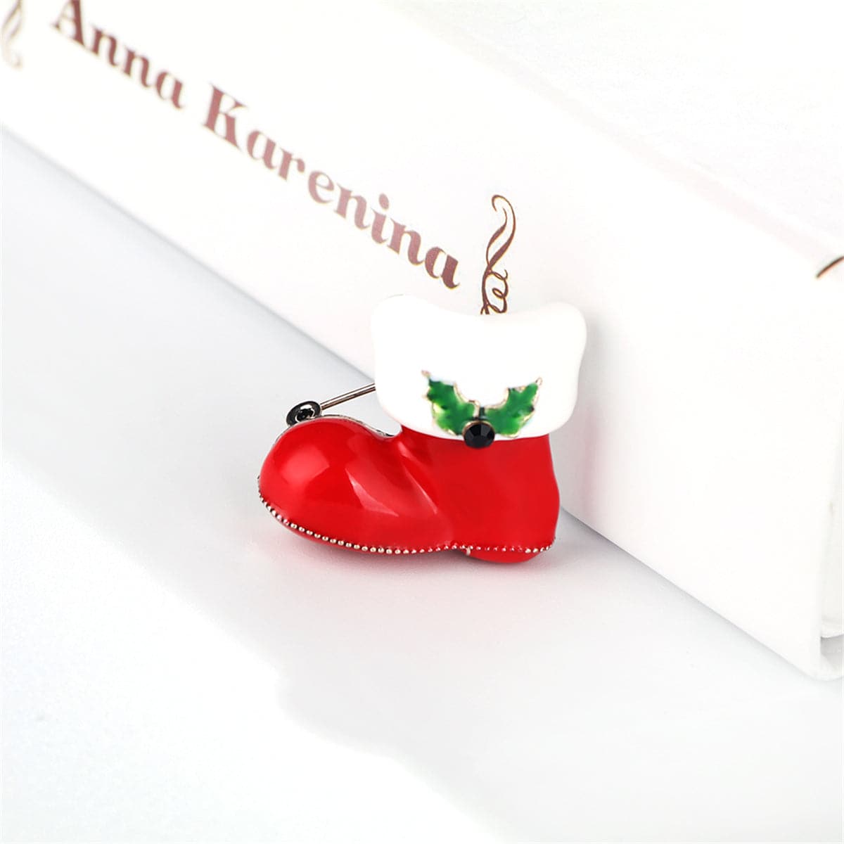Cubic Zirconia & Red Enamel Silver-Plated Christmas Boot Brooch