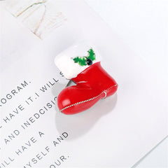Cubic Zirconia & Red Enamel Silver-Plated Christmas Boot Brooch