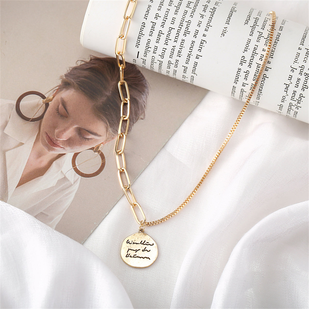 18K Gold-Plated Coin Pendant Necklace, gold pendant necklace for women, everyday style, side view