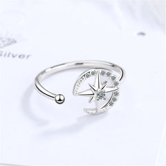 Cubic Zirconia & Silver-Plated Moon & Star Open Ring