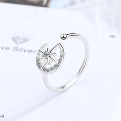 Cubic Zirconia & Silver-Plated Moon & Star Open Ring