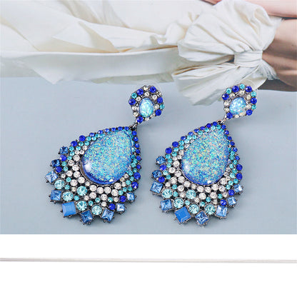 Blue Cubic Zirconia and Crystal Geometric Teardrop Earrings, drop earrings for women, elegant gift for her, detail close-up