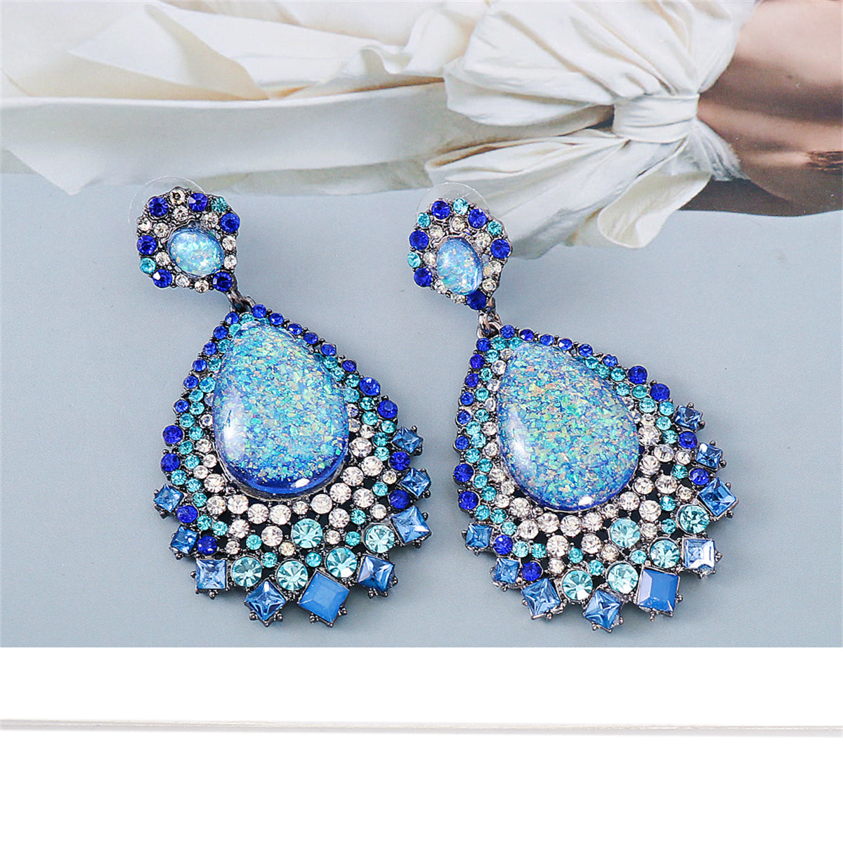 Blue Cubic Zirconia and Crystal Geometric Teardrop Earrings, drop earrings for women, elegant gift for her, lifestyle look