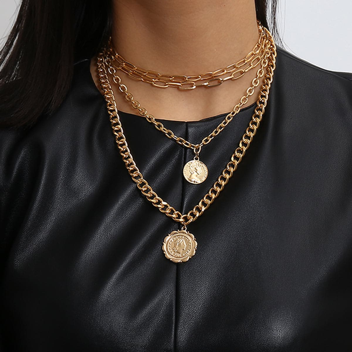 18K Gold-Plated Figaro-Chain Coin Layered Pendant Necklace
