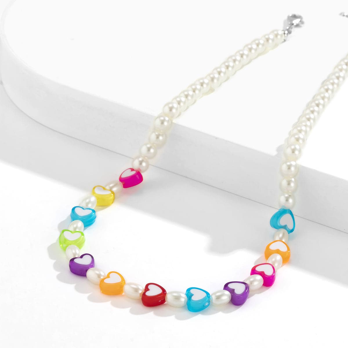 Red & Purple Multicolor Hearts Beaded Station Necklace