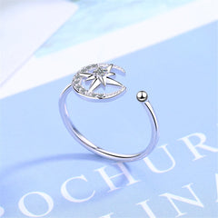 Cubic Zirconia & Silver-Plated Moon & Star Open Ring