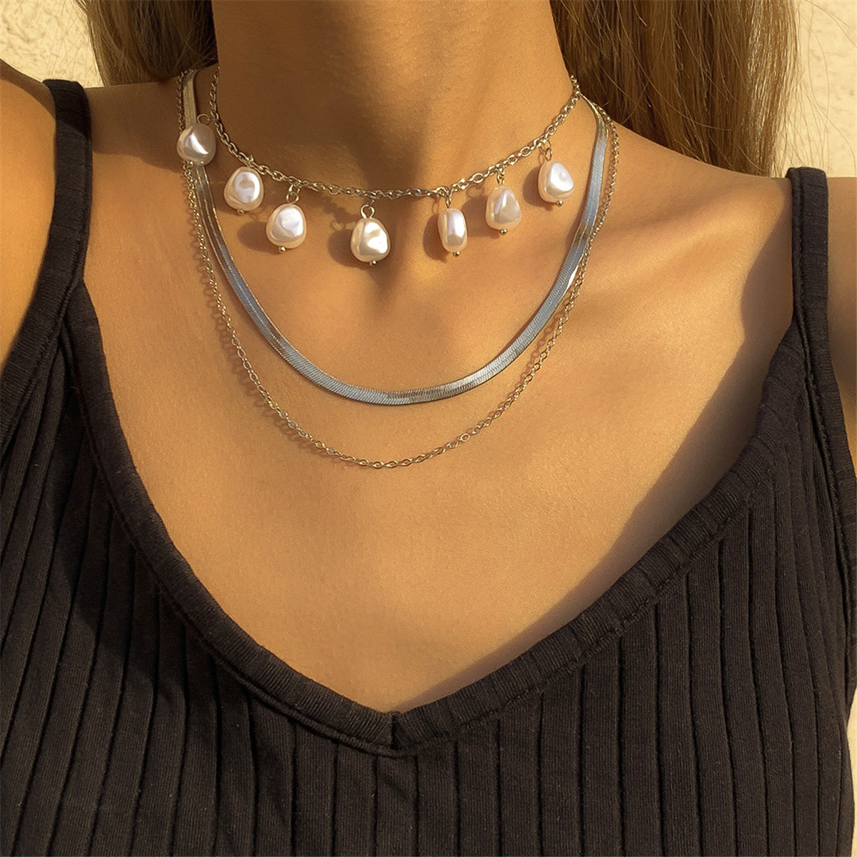 Pearl and Silver-Plated Drop Station Layered Chain Necklace, silver pendant necklace for women, lifestyle look