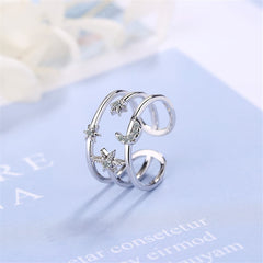 Cubic Zirconia & Silver-Plated Moon & Sun Open Ring