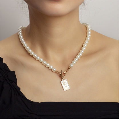 Pearl and 18K Gold-Plated Beaded Card Pendant Necklace, gold pendant necklace for women, elegant gift for her, side view