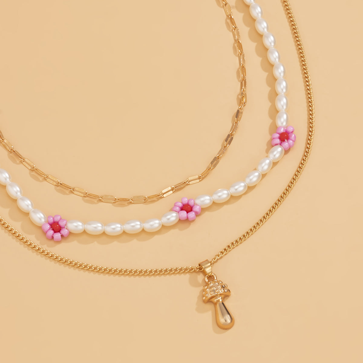 Pink Howlite and Pearl 18K Gold-Plated Mushroom Pendant Necklace Set, jewelry gift sets for women, styled look