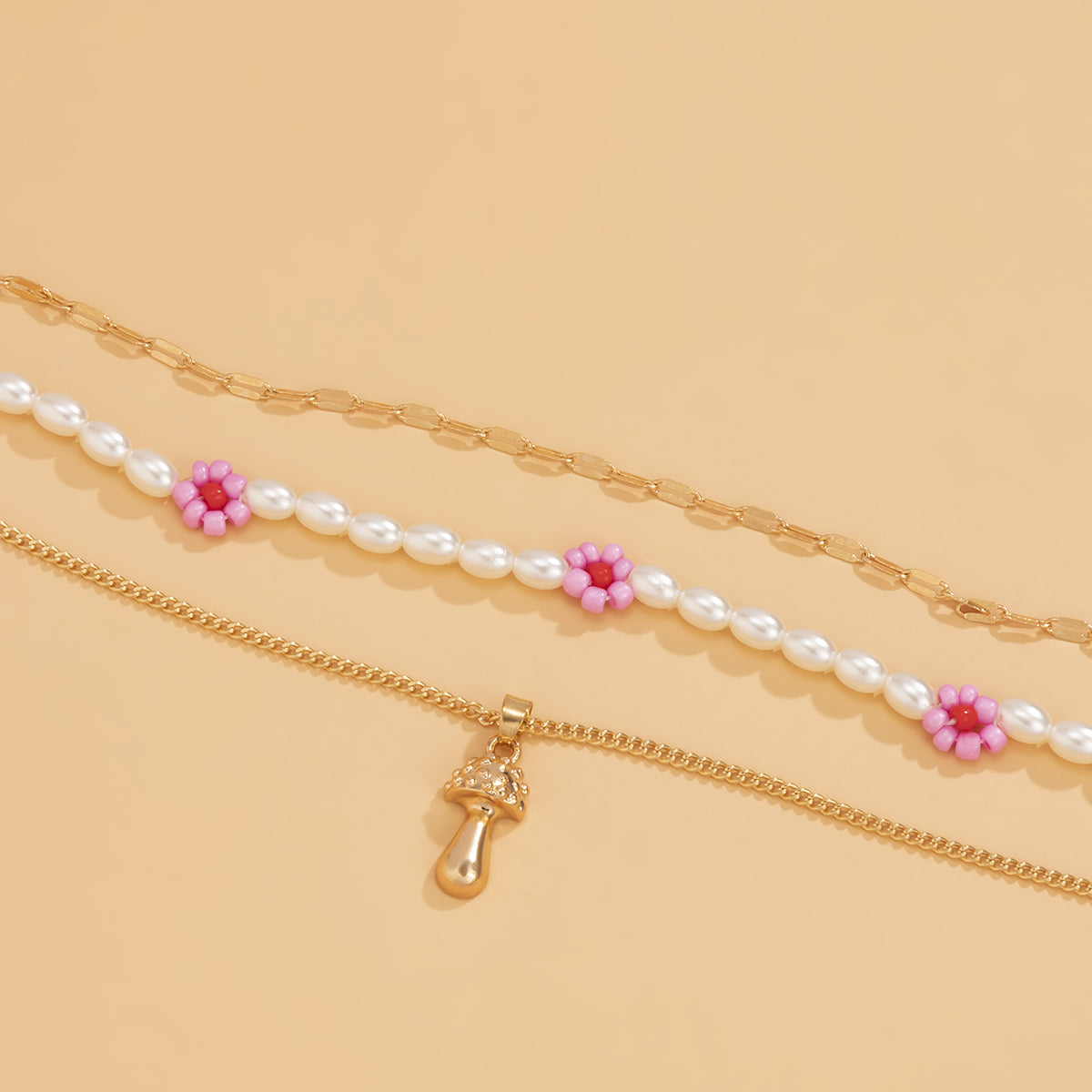Pink Howlite & Pearl 18K Gold-Plated Mushroom Pendant Necklace Set