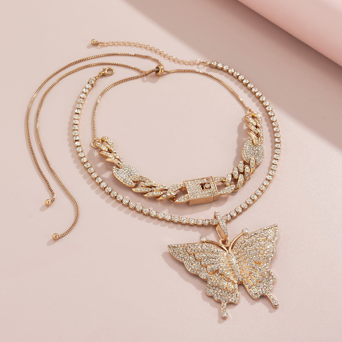 Cubic Zirconia & 18K Gold-Plated Butterfly Pendant Necklace Set