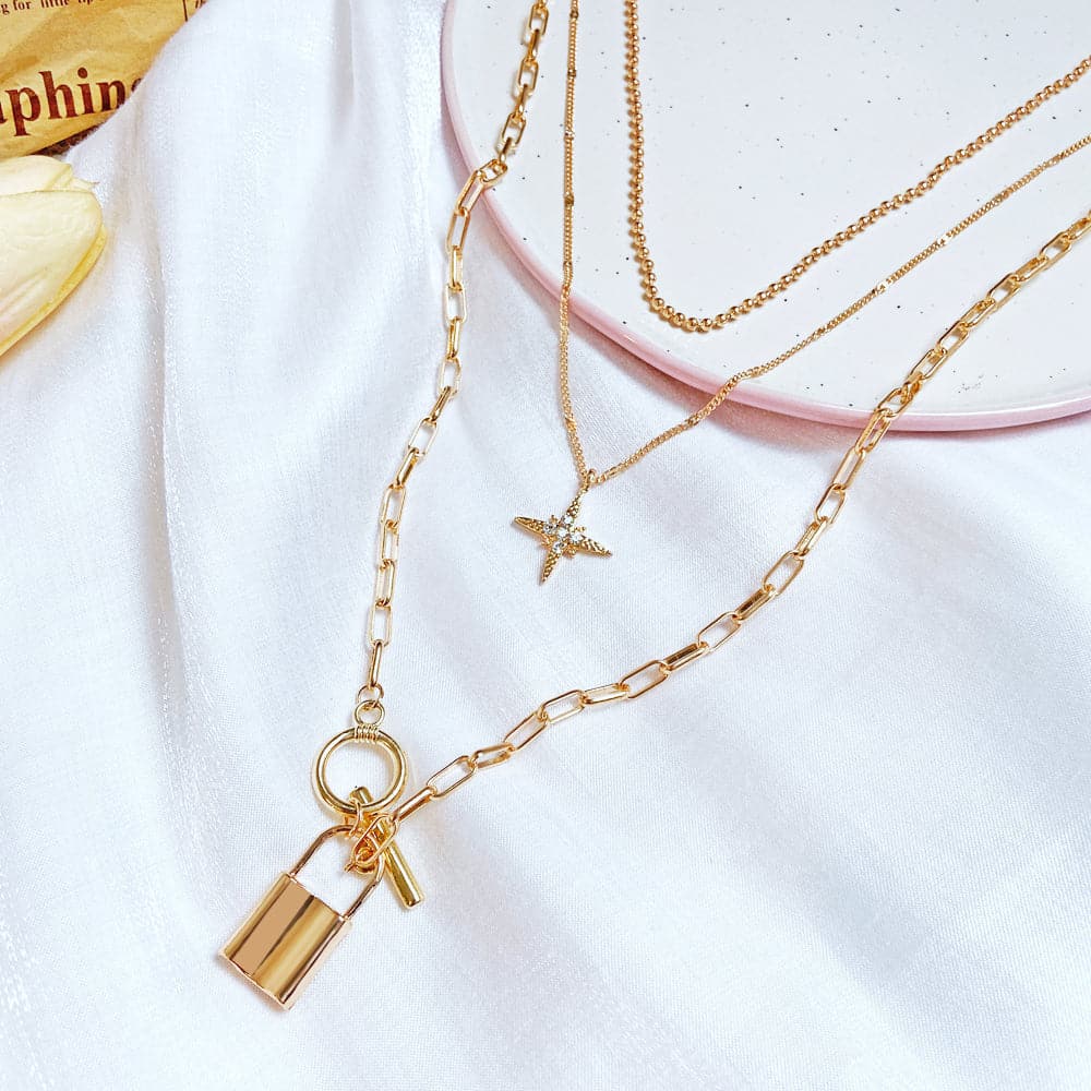 Cubic Zirconia and 18K Gold-Plated Star Lock Layered Pendant Necklace, gold pendant necklace for women, detail close-up