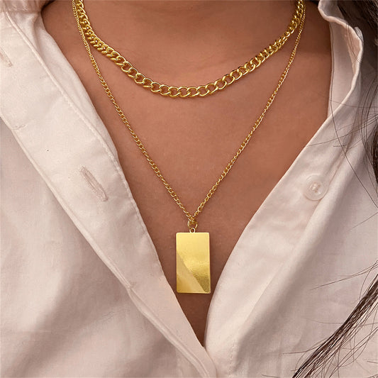 18K Gold-Plated Rectangle Layered Pendant Necklace, gold pendant necklace for women, elegant gift for her, front view