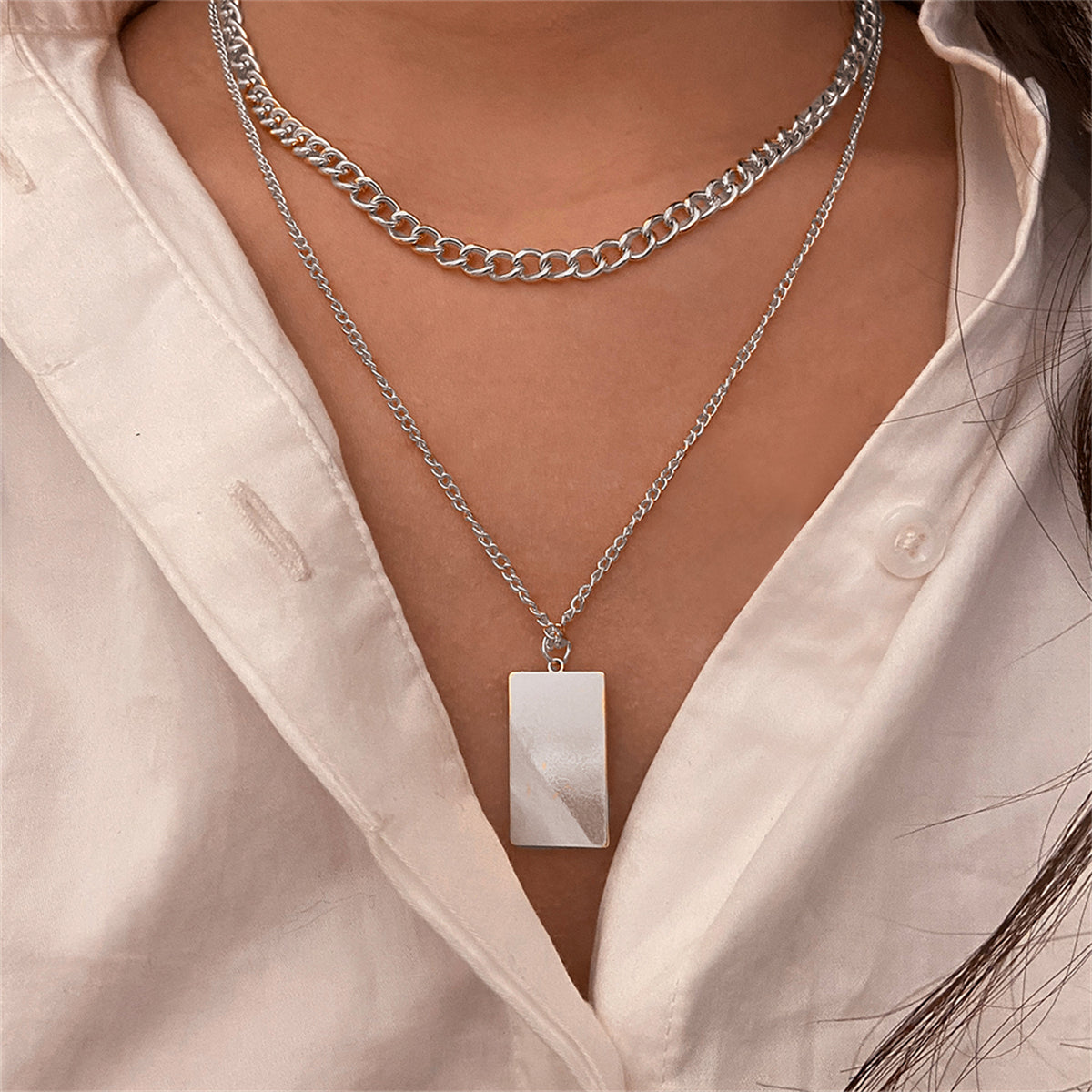 Silver-Plated Rectangle Layered Pendant Necklace, silver pendant necklace for women, everyday style, front view