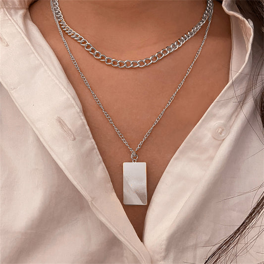 Silver-Plated Rectangle Layered Pendant Necklace, silver pendant necklace for women, everyday style, front view
