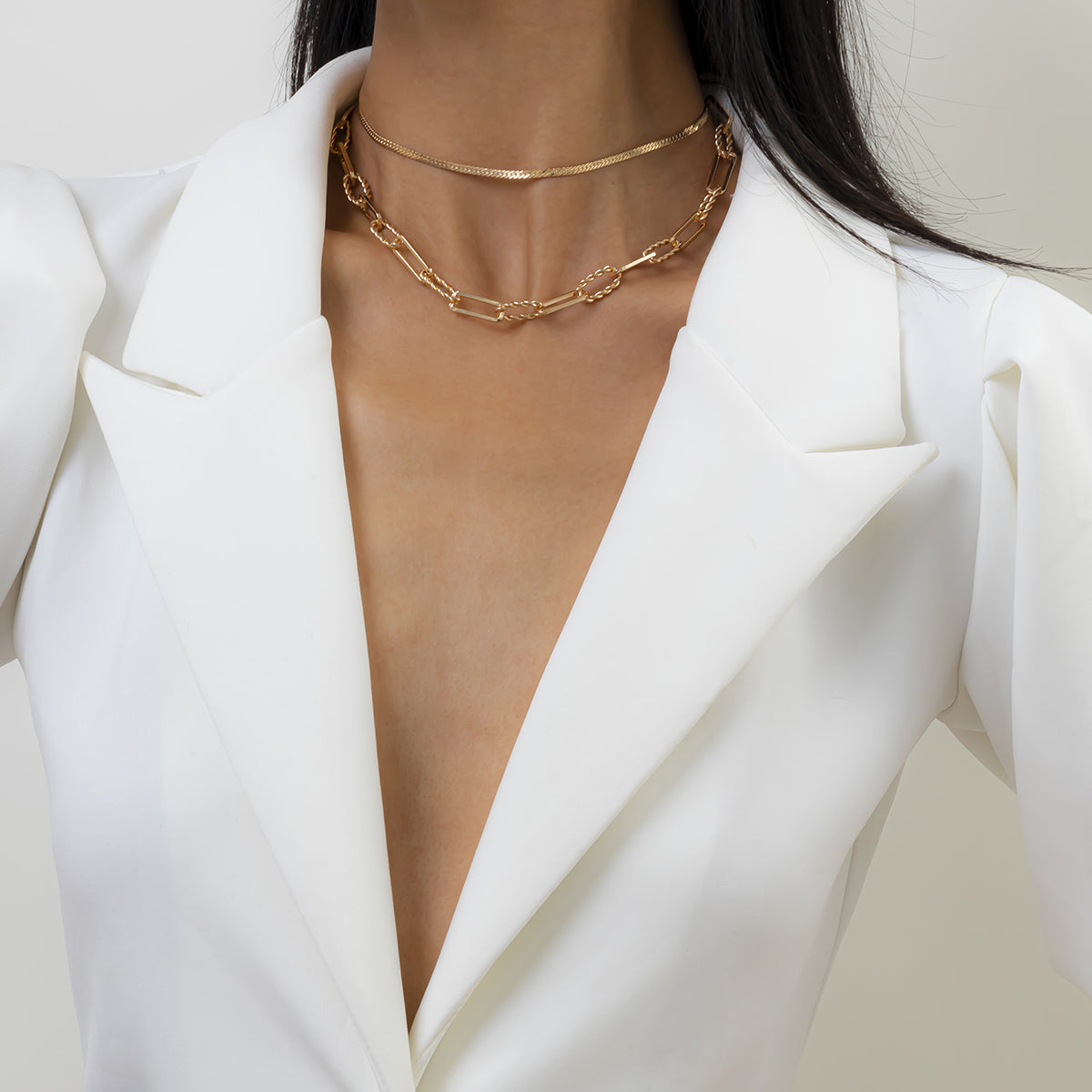18K Gold-Plated Herringbone Cable Chain Choker Set, jewelry gift sets for women, everyday style, side view