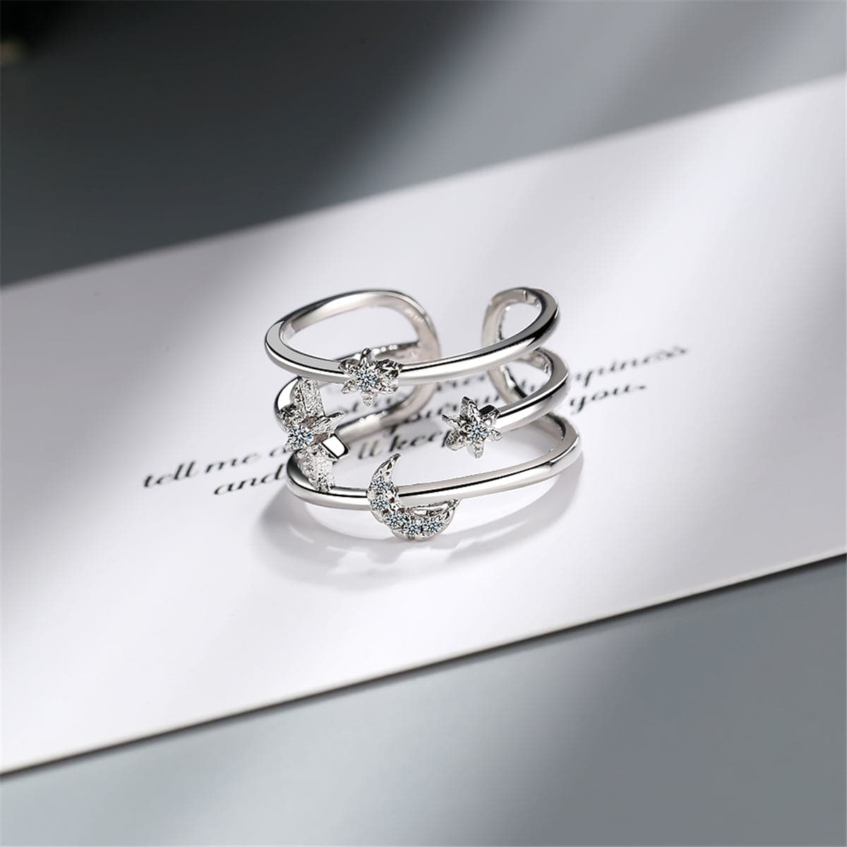 Cubic Zirconia & Silver-Plated Moon & Sun Open Ring