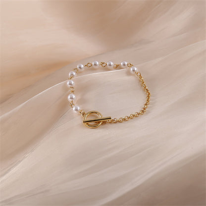 Pearl and 18K Gold-Plated Bracelet, gold bracelet for women, vintage-inspired design, styled look