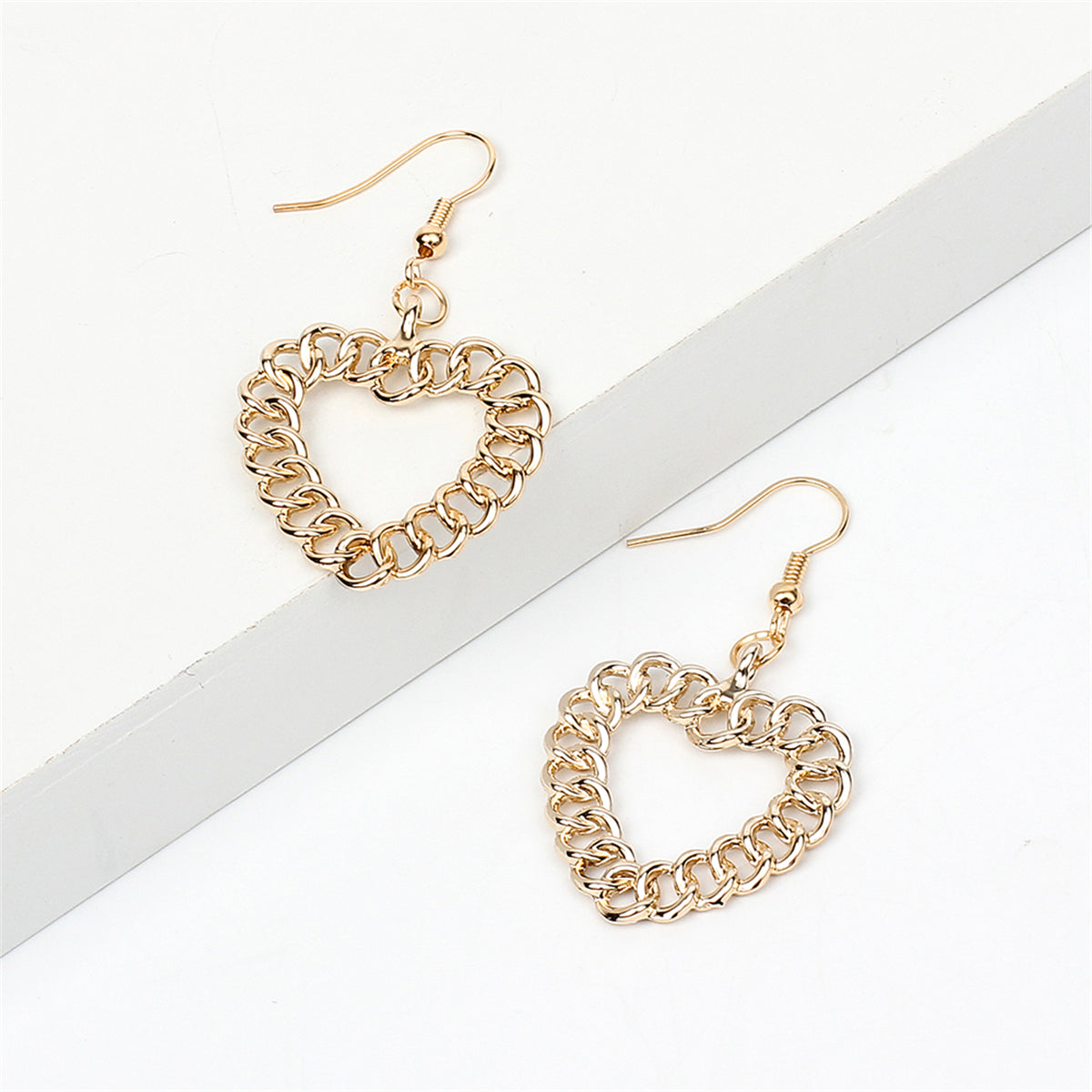 18K Gold-Plated Figaro Open Heart Drop Earrings, gold drop earrings for women, vintage-inspired design, front view