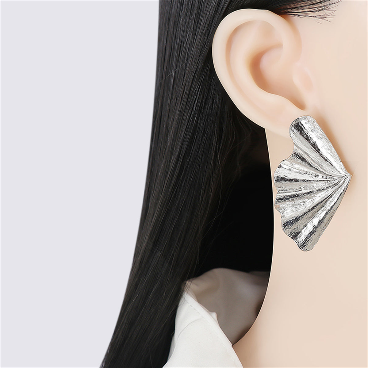 Silver-Plated Fan Stud Earrings, silver stud earrings for women, everyday style, front view