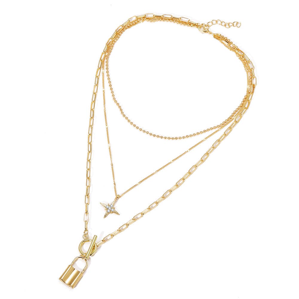 Cubic Zirconia and 18K Gold-Plated Star Lock Layered Pendant Necklace, gold pendant necklace for women, lifestyle look