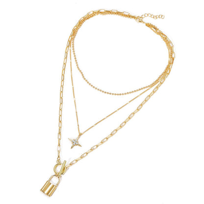 Cubic Zirconia and 18K Gold-Plated Star Lock Layered Pendant Necklace, gold pendant necklace for women, lifestyle look