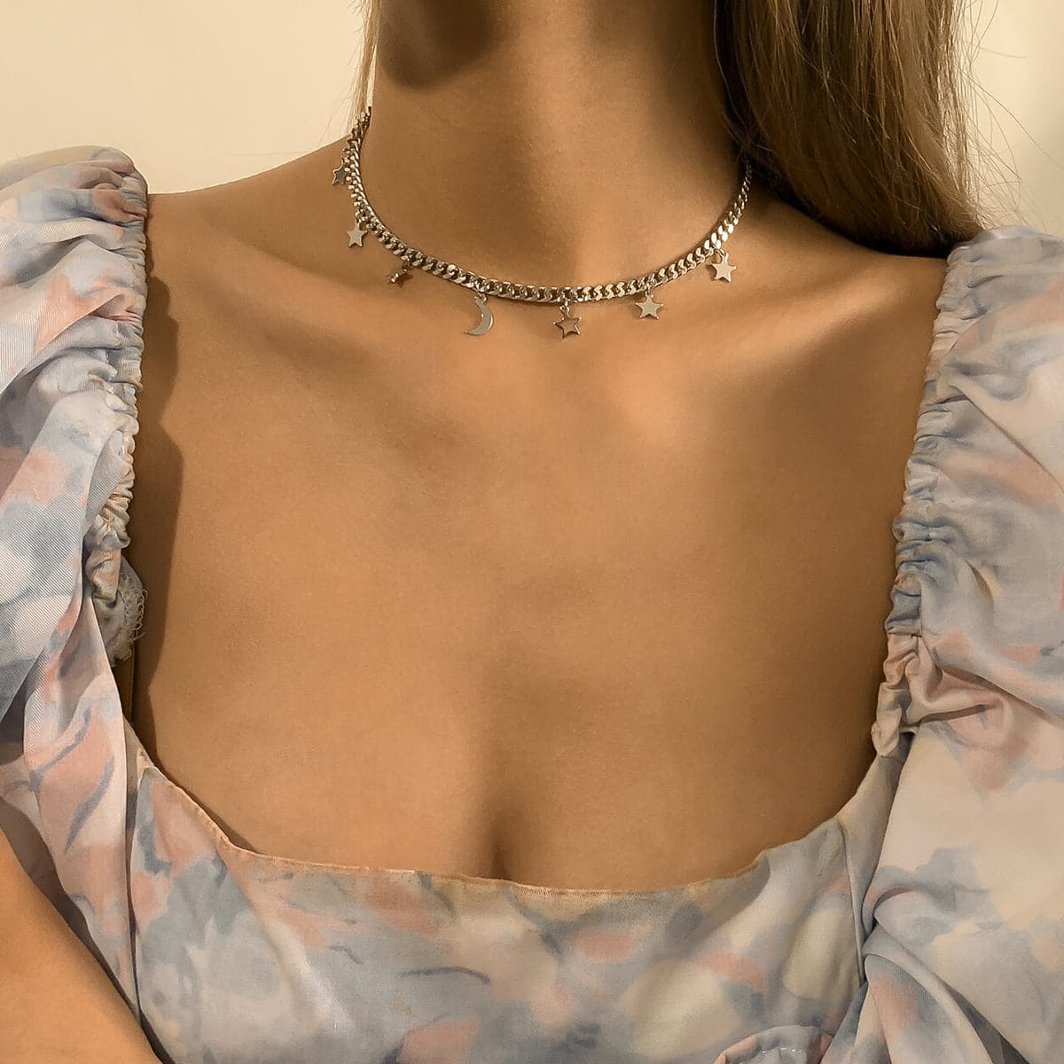 Silver-Plated Celestial Station Choker Necklace, chunky silver choker necklace, vintage-inspired design, styled look