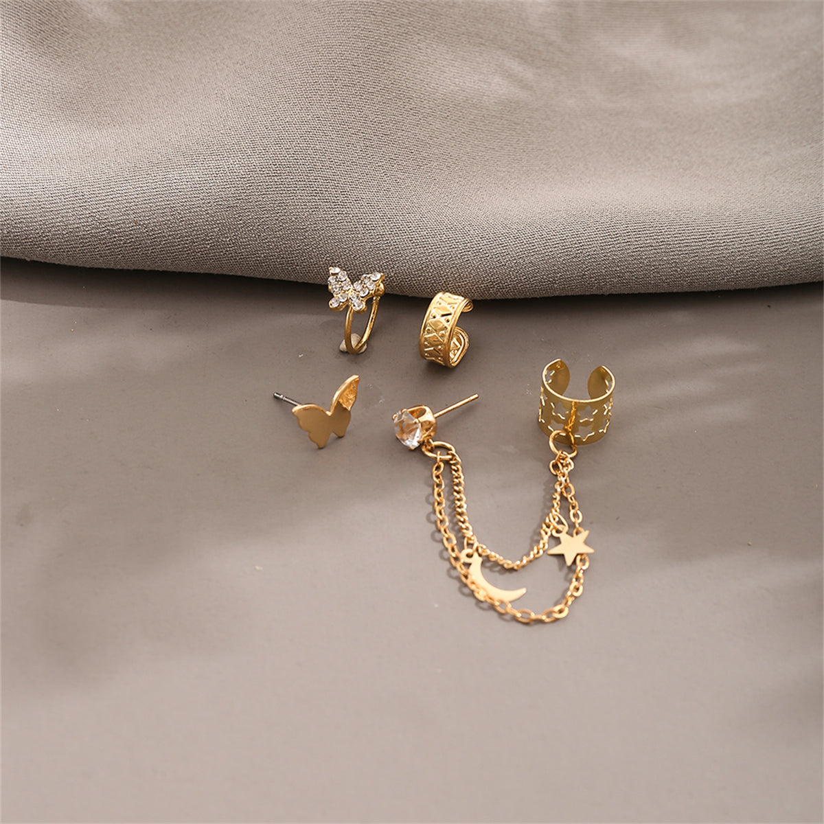 Cubic Zirconia & 18K Gold-Plated Celestial Butterfly Ear Cuff Set