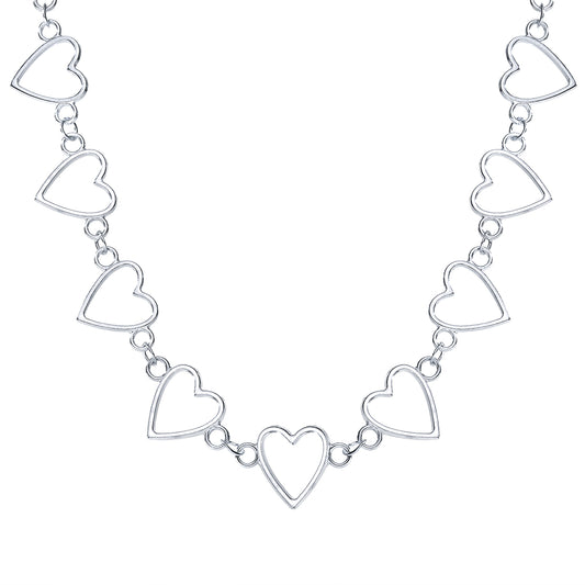 Silver-Plated Open Heart Chain Choker Necklace, silver pendant necklace for women, everyday style, front view