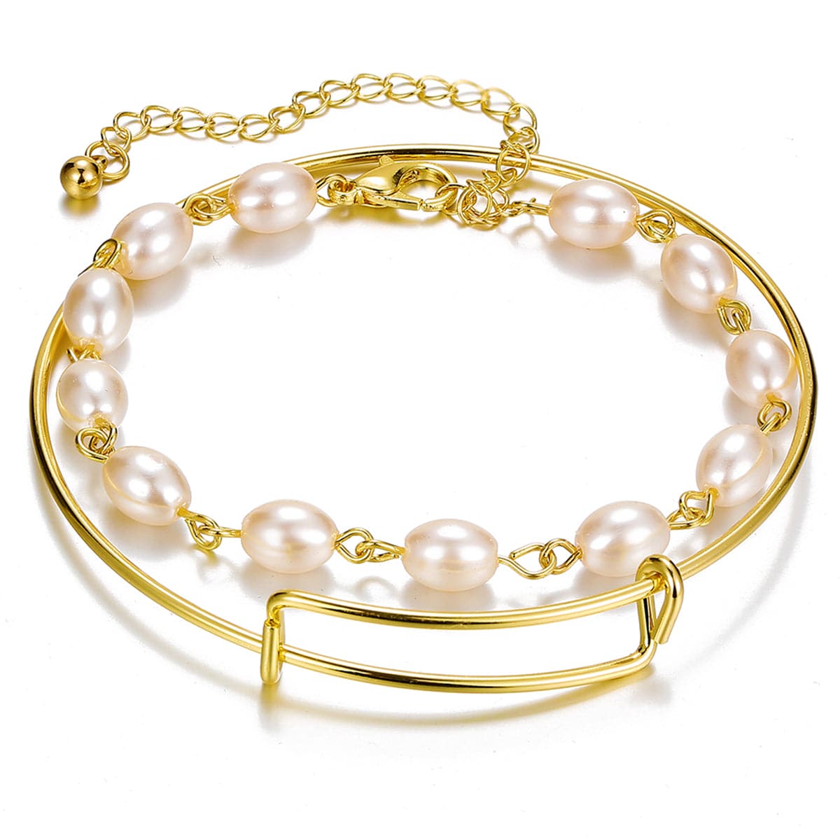 Pearl and 18K Gold-Plated Adjustable Bangle Set, jewelry gift sets for women, dainty minimalist design, front view