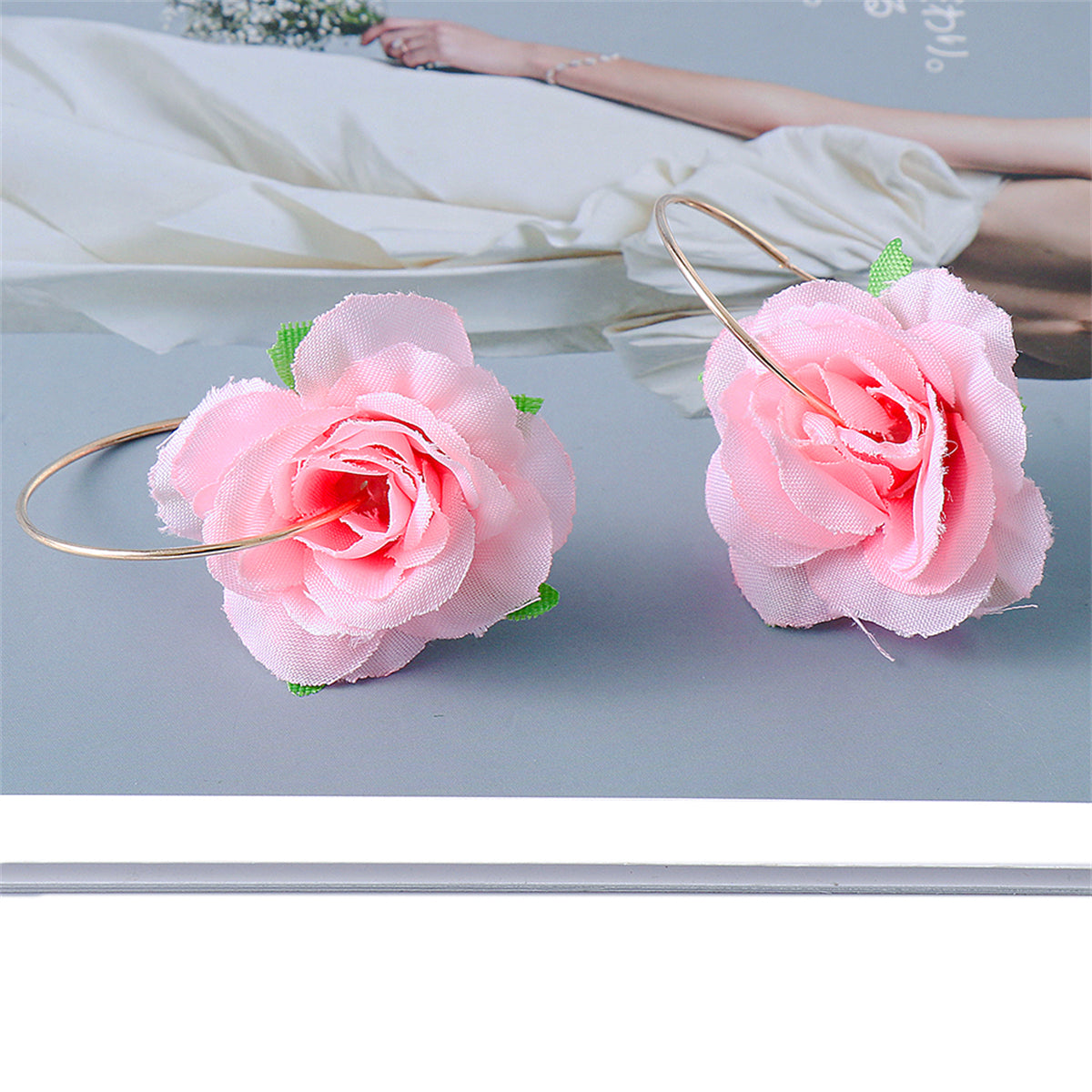 Pink Mesh and 18K Gold-Plated Flower Hoop Earrings, gold drop earrings for women, vintage-inspired design, lifestyle look