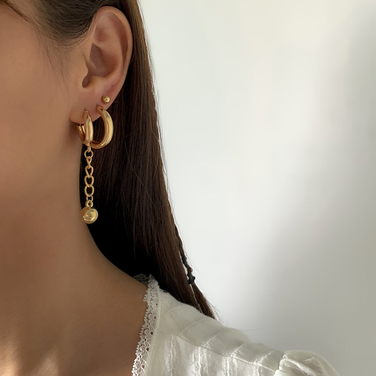 18K Gold-Plated Bead Stud & Chain Drop Three-Piece Earring Set