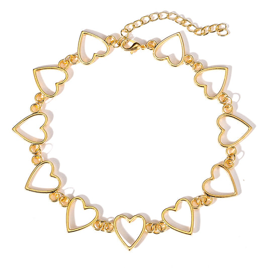 18K Gold-Plated Open Heart Chain Choker Necklace, gold pendant necklace for women, vintage-inspired design, front view