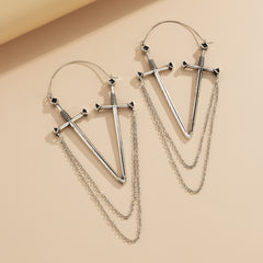 Silver-Plated Double Sword Chain Dangle Drop Earrings