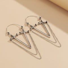 Silver-Plated Double Sword Chain Dangle Drop Earrings