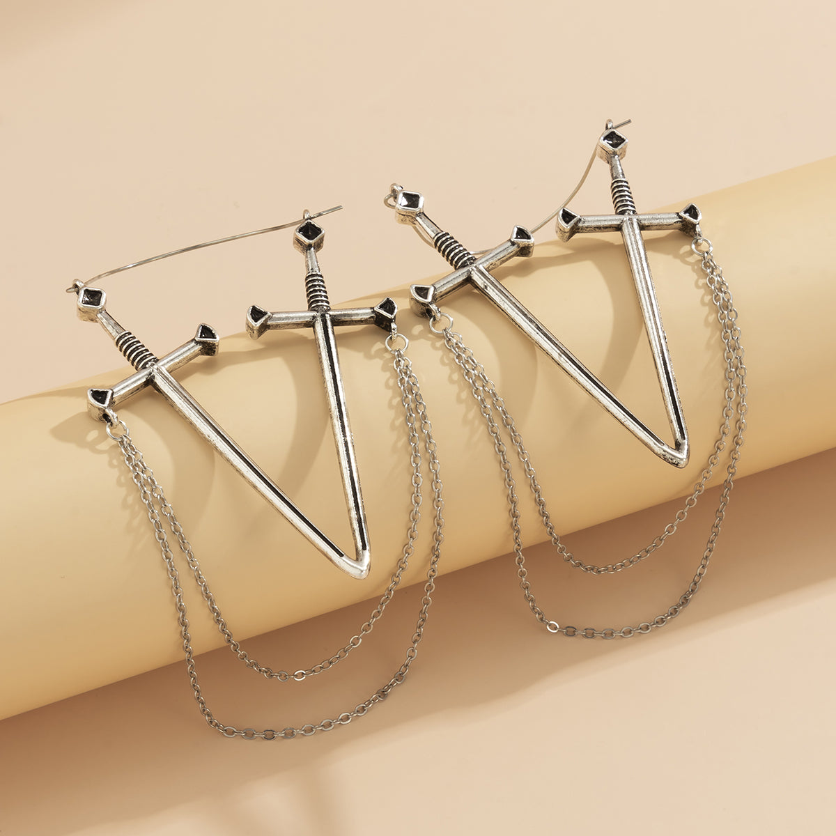 Silver-Plated Double Sword Chain Dangle Drop Earrings