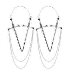 Silver-Plated Double Sword Chain Dangle Drop Earrings