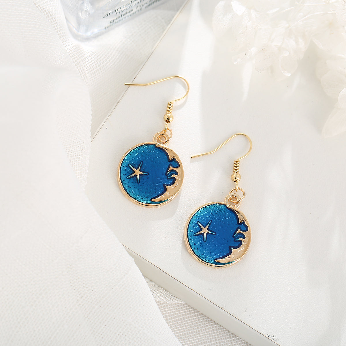 Blue Enamel and 18K Gold-Plated Moon Drop Earrings, gold drop earrings for women, everyday style, detail close-up