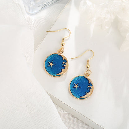 Blue Enamel and 18K Gold-Plated Moon Drop Earrings, gold drop earrings for women, everyday style, detail close-up