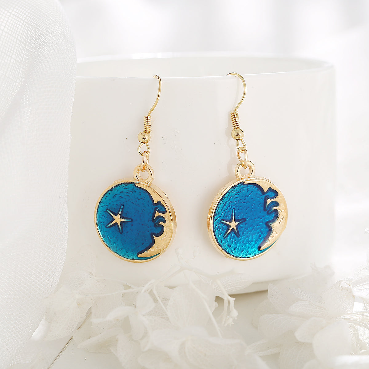 Blue Enamel and 18K Gold-Plated Moon Drop Earrings, gold drop earrings for women, everyday style, front view