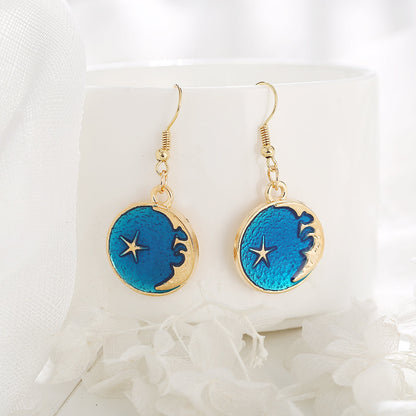 Blue Enamel and 18K Gold-Plated Moon Drop Earrings, gold drop earrings for women, everyday style, front view