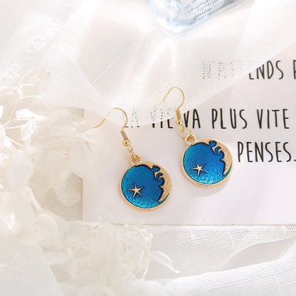 Blue Enamel and 18K Gold-Plated Moon Drop Earrings, gold drop earrings for women, everyday style, lifestyle look