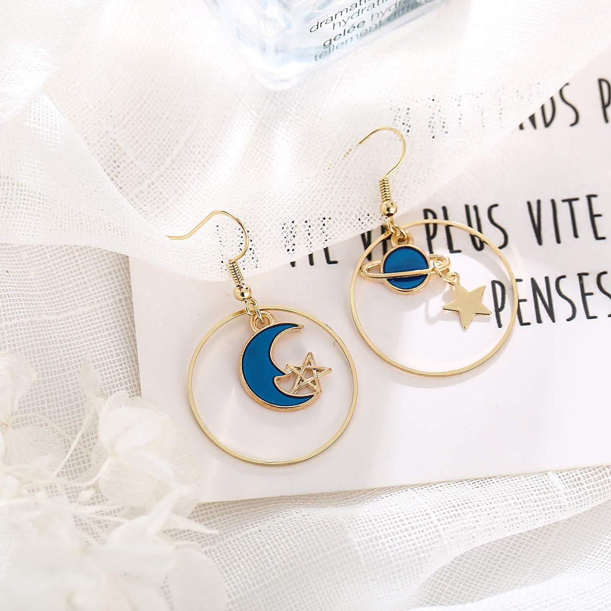 Blue Enamel and 18K Gold-Plated Celestial Drop Hoop Earrings, gold drop earrings for women, detail close-up