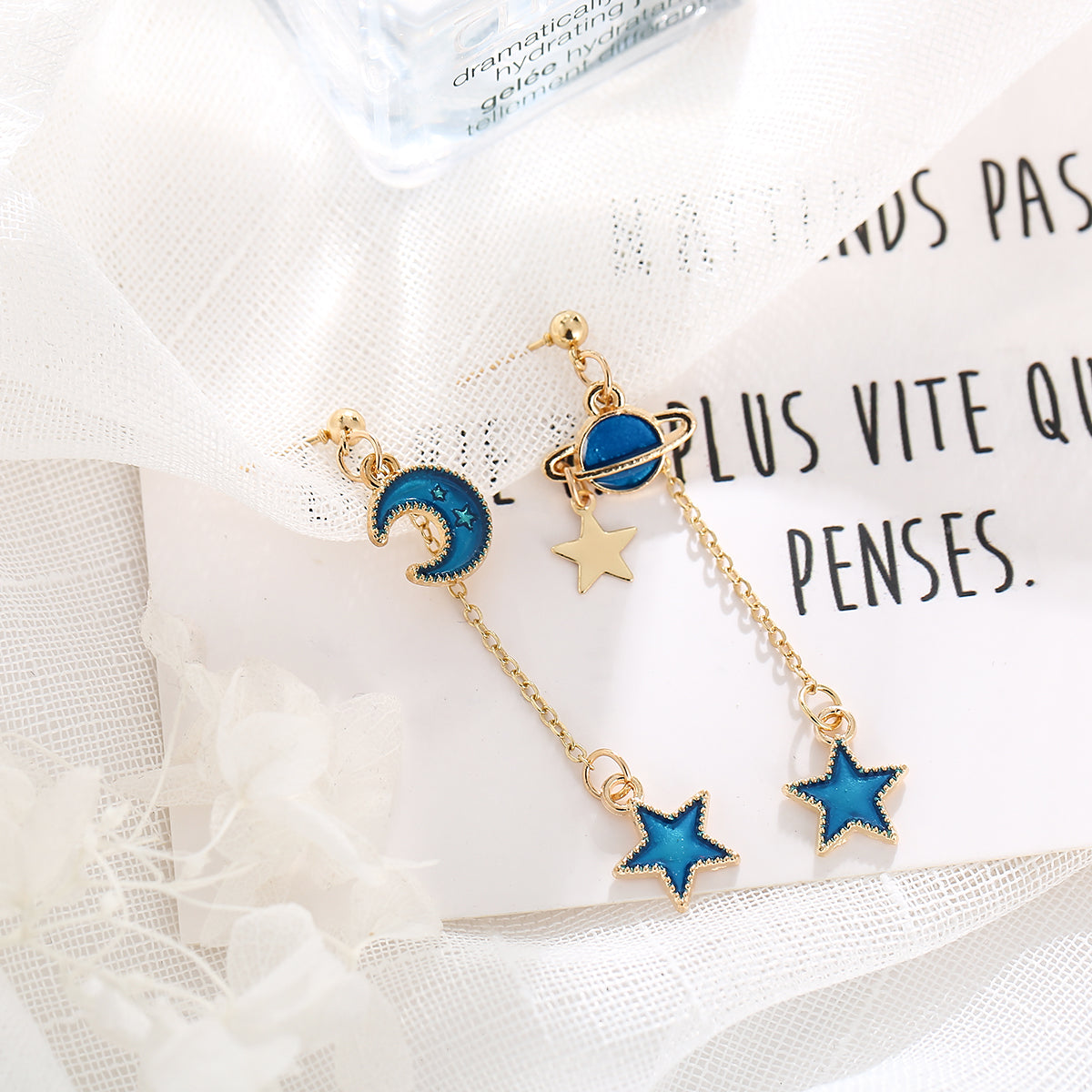 Blue Enamel and 18K Gold-Plated Star Planet Drop Earrings, gold drop earrings for women, detail close-up