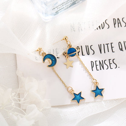 Blue Enamel and 18K Gold-Plated Star Planet Drop Earrings, gold drop earrings for women, detail close-up