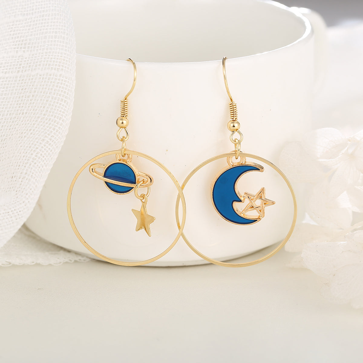 Blue Enamel and 18K Gold-Plated Celestial Drop Hoop Earrings, gold drop earrings for women, lifestyle look