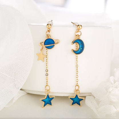 Blue Enamel and 18K Gold-Plated Star Planet Drop Earrings, gold drop earrings for women, dainty minimalist design, front view
