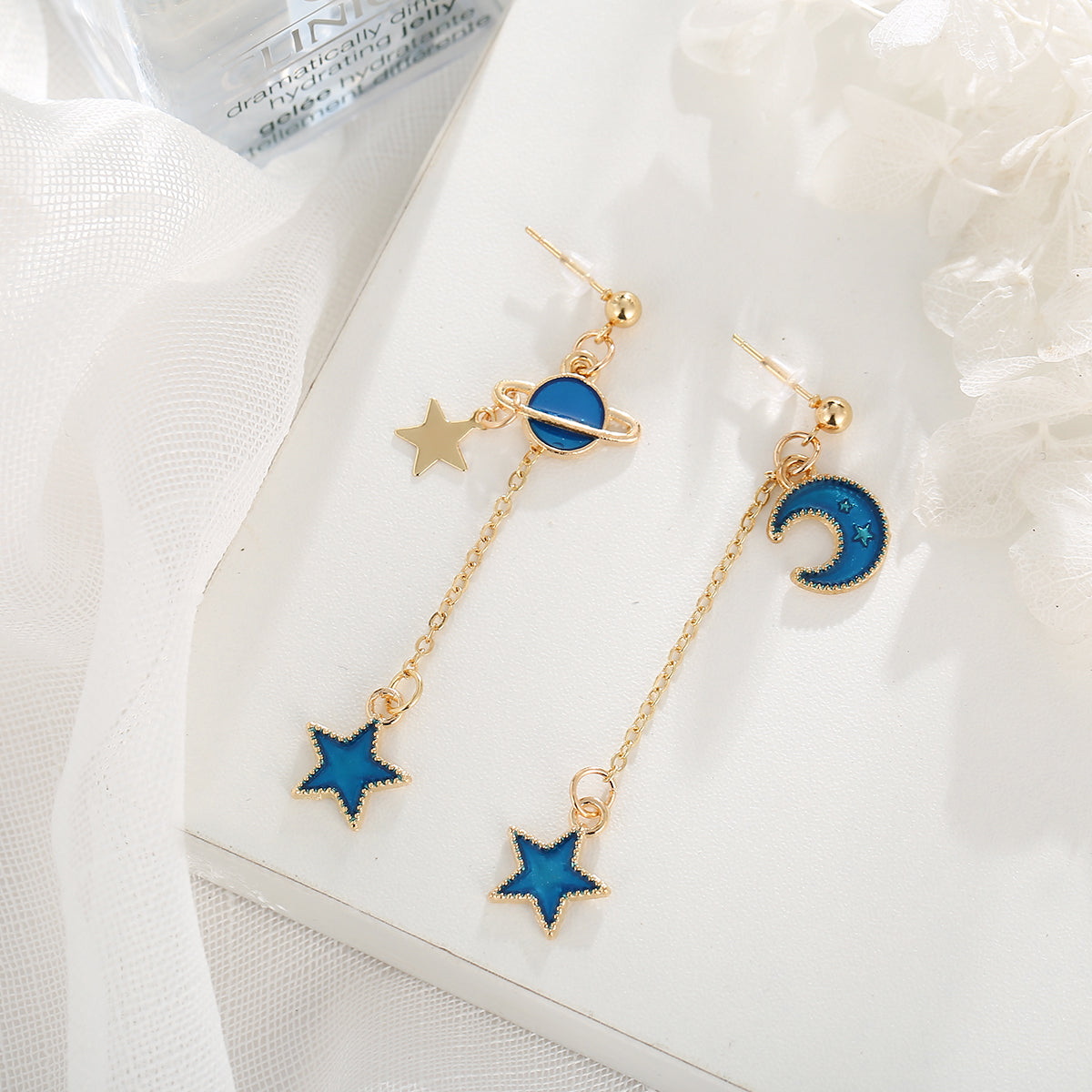 Blue Enamel and 18K Gold-Plated Star Planet Drop Earrings, gold drop earrings for women, lifestyle look